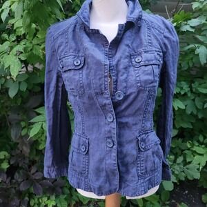 RW&CO. Linen Denim Jacket Ladies Large Long Sleeve Button Down Pockets